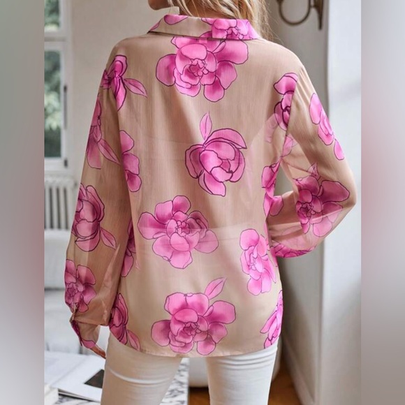 Sheer Floral Print Button Front Shirt - Picture 3 of 9